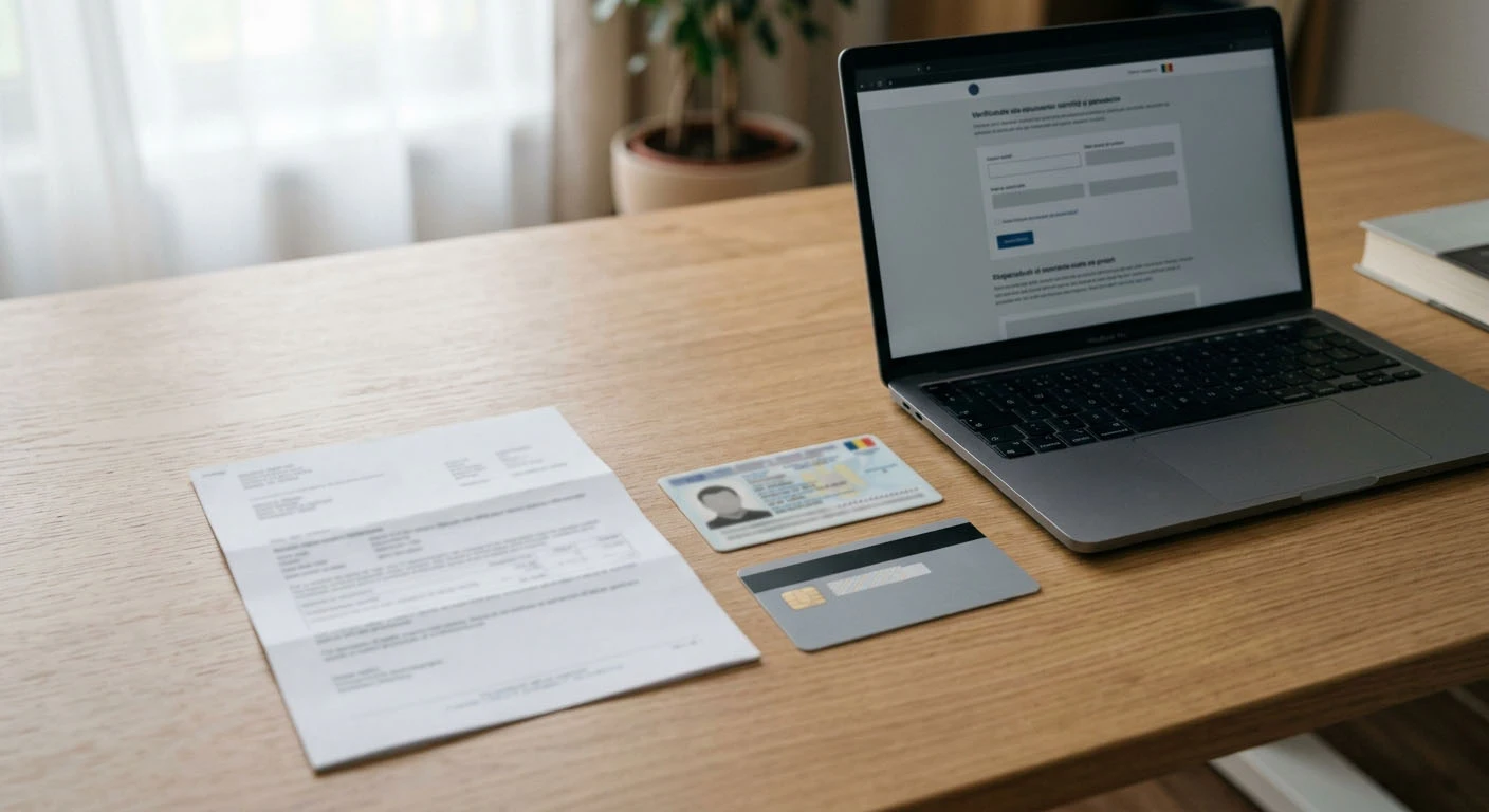 Act de identitate generic, extras de adresă și card bancar așezate pe un birou lângă un laptop