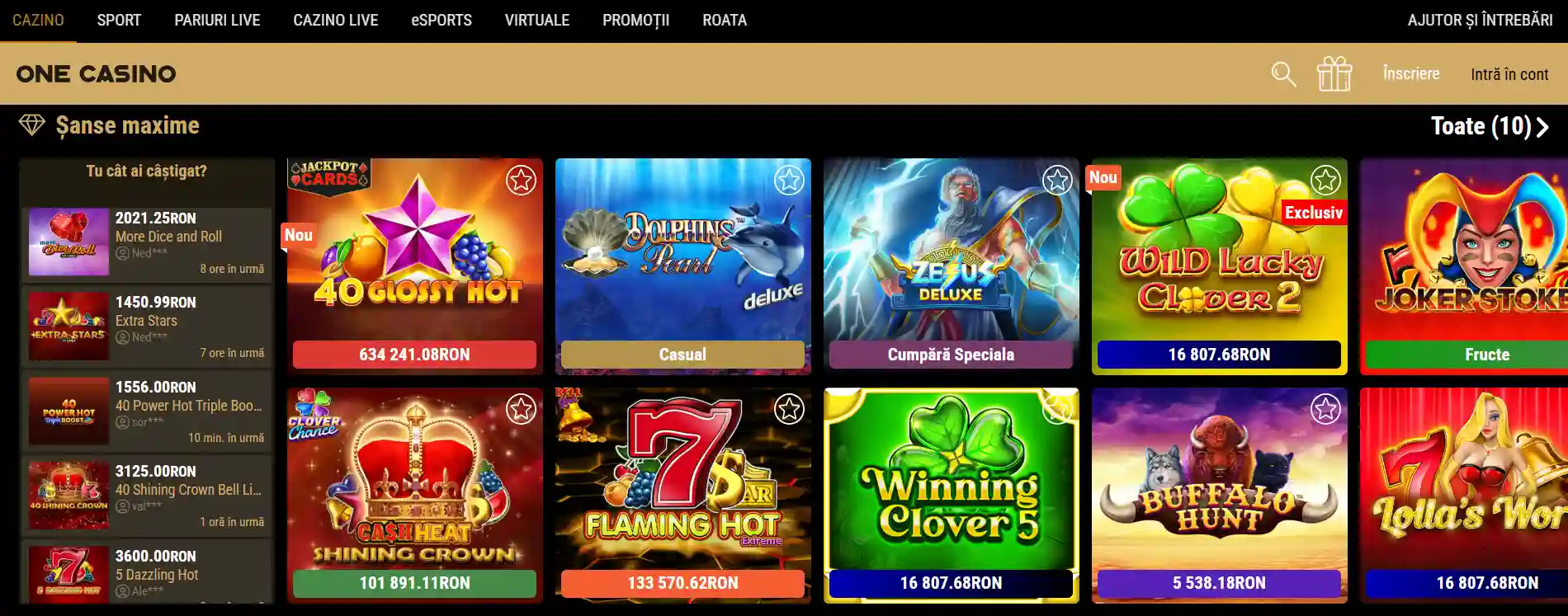 Captură a paginii principale One Casino România, cu oferta de jocuri vizibilă în interfață