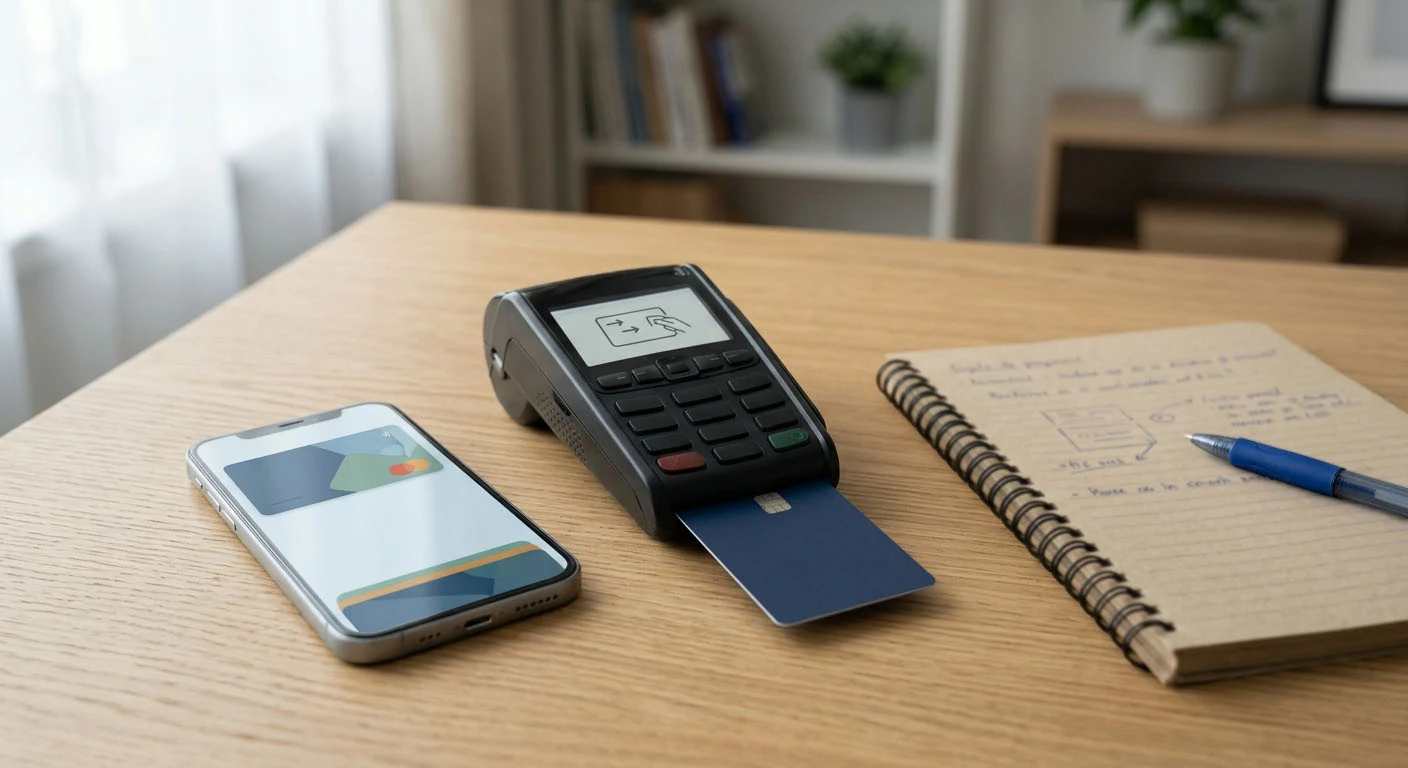 Card bancar, telefon și portofel digital așezate pe un birou lângă un caiet