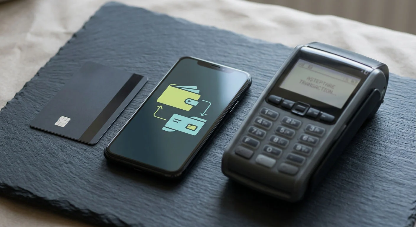 Card bancar și portofel digital lângă un telefon într-un decor financiar neutru